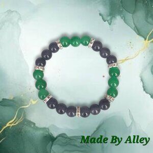 Handmade Green and Black 8mm Glass Beaded Bracelet with Silver Spacers